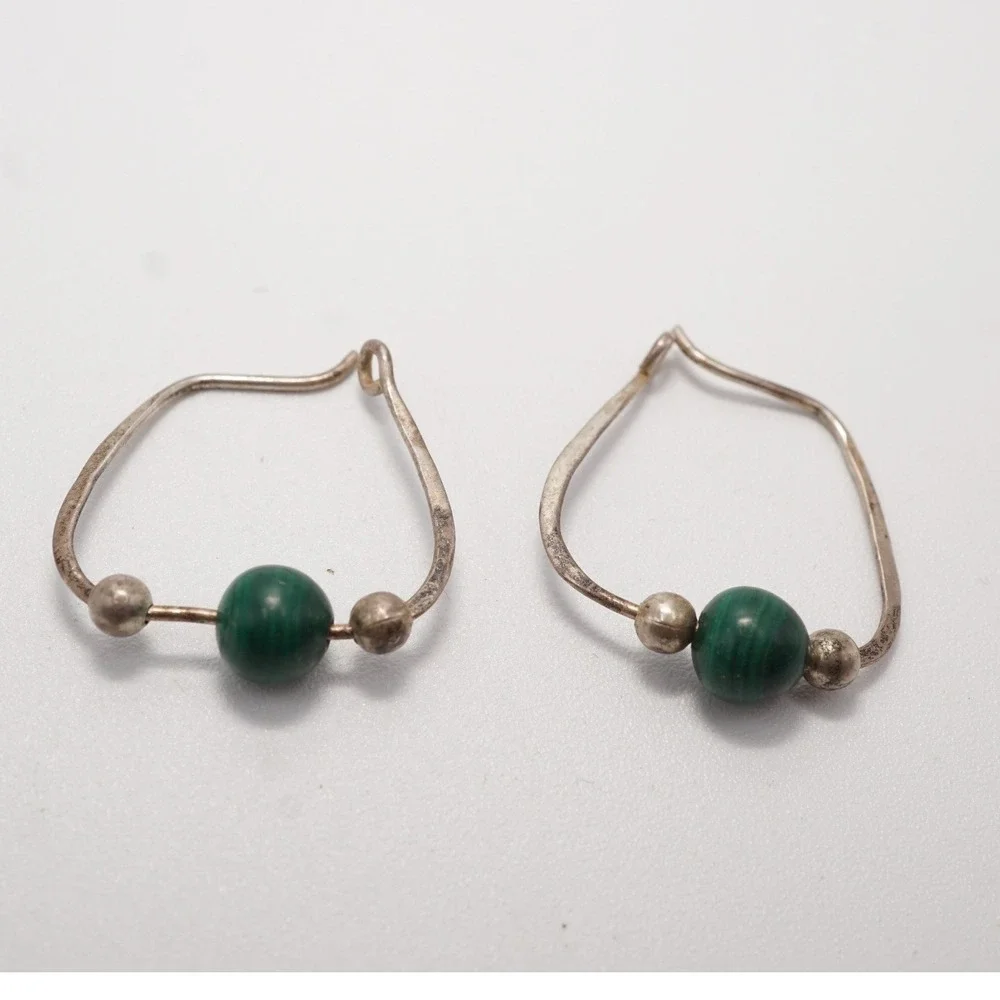 Sterling Silver Malachite Bead Teardrop Hoop Earrings Green Gemstone 1.82g